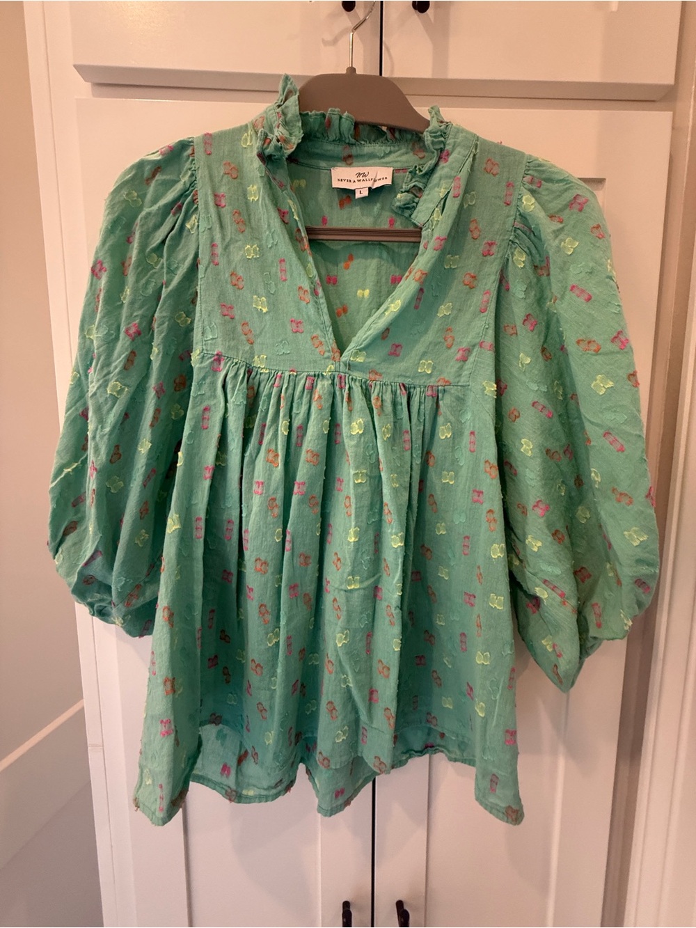 Never a Wallflower Green Embroidered Puff-Sleeve Peasant Top